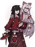  >_o 2girls absurdres blush boots bow brown_hair carrying carrying_person closed_eyes collared_shirt commentary_request derivative_work footwear_bow fujiwara_no_mokou grey_shirt hair_bow highres houraisan_kaguya long_hair long_sleeves multiple_girls multiple_hair_bows ofuda ofuda_on_clothes one_eye_closed open_mouth pants pink_shirt princess_carry prmkq red_boots red_eyes red_pants red_skirt shirt skirt smile suspenders sweat touhou very_long_hair white_bow yuri 