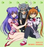  3girls alisa_southerncross animal_ears ariamelos artist_name bell black_gloves bow cat cat_day cat_ears cat_girl cat_tail cathy_(yu-gi-oh!) chinese_clothes commentary_request crossover dated double_bun dress glasses gloves green_background green_eyes hair_bell hair_bun hair_ornament keroro_gunsou microdress multiple_girls orange_hair paw_print pink_dress pink_fur purple_eyes ranma_1/2 red_bow shampoo_(cat) shampoo_(ranma_1/2) sidelocks simple_background sitting tail twintails yu-gi-oh! yu-gi-oh!_zexal 