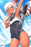  ;d absurdres arm_up armpits blue_eyes blue_sky blush cloud contrapposto covered_navel cowboy_shot crop_top day double_vertical_stripe dutch_angle flower hair_flower hair_ornament highres japanese_flag kantai_collection lifebuoy long_hair m-da_s-tarou one-piece_swimsuit one-piece_tan one_eye_closed open_mouth ro-500_(kantai_collection) school_swimsuit school_uniform serafuku shiny shiny_skin sky smile solo standing swimsuit swimsuit_under_clothes tan tanline tareme torpedo water white_hair wide_hips 
