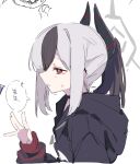  1girl black_choker black_hair black_hoodie black_horns blue_archive choker commentary demon_horns ear_piercing grey_hair halo hand_up hood hood_down hoodie horns kayoko_(blue_archive) long_sleeves multicolored_hair parted_lips piercing ponytail red_eyes sidelocks simple_background sketch solo speech_bubble sweat translation_request two-tone_hair white_background youbi_(0ver_sd) 