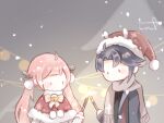  1boy 1girl aeon_(shining_nikki) ahoge animal_ear_headwear animal_ears bell black_shirt blue_coat blue_hair blunt_bangs blush_stickers bow bowtie capelet chibi chinese_commentary christmas coat collared_coat commentary_request fake_animal_ears fireworks fringe_trim fur-trimmed_capelet fur-trimmed_headwear fur-trimmed_sleeves fur_trim grey_scarf hair_ornament holding holding_fireworks holly_hair_ornament interruption_(echo-023) lapels long_hair long_sleeves looking_at_object low_twintails messy_hair neck_bell night nikki_(nikki) nikki_(series) no_mouth open_clothes open_coat outdoors parted_bangs pine_tree pink_hair pom_pom_(clothes) pom_pom_hair_ornament rabbit_ears red_capelet scarf shining_nikki shirt short_hair snowing solid_oval_eyes sparkler string_of_light_bulbs sweater tree twintails upper_body very_long_hair white_bow white_bowtie white_sweater 