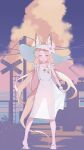  1girl absurdres alternate_costume alternate_hairstyle animal_ear_fluff animal_ears blue_archive blue_sky choker cloud commentary cumulonimbus_cloud dress flower fox_ears fox_girl full_body hair_ribbon halo hat hat_flower highres holding_own_dress legs_apart lily_(flower) low_twintails open_mouth plant power_lines railroad_crossing ribbon s10021 sandals scrunchie see-through_clothes see-through_dress see-through_silhouette seia_(blue_archive) seia_(sundress)_(blue_archive) sky smile solo standing straight-on sun_hat sundress tail train twintails utility_pole white_choker white_dress white_hat white_ribbon wrist_scrunchie yellow_eyes 
