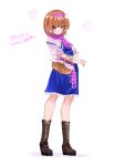  1girl alice_margatroid basket blue_dress blush boots brown_boots closed_mouth commentary cookie_(touhou) dress frilled_hairband frilled_necktie frilled_sash frills full_body hairband heart highres hinase_(cookie) holding holding_basket looking_at_viewer nabezoko_(nicovideo128130479) necktie orange_hair pink_hairband pink_necktie pink_sash puffy_short_sleeves puffy_sleeves red_eyes sash shirt short_hair short_sleeves simple_background smile solo standing touhou translation_request white_background white_shirt 