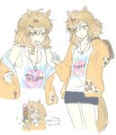  1girl :d ^_^ ahoge anger_vein angry animal_ear_piercing animal_ears bag black_bag blonde_hair blue_shorts blush braid breasts chibi clenched_hand closed_eyes commentary_request cropped_legs dot_nose earrings eyes_visible_through_hair fang food furrowed_brow hair_between_eyes hair_ornament hairclip half_up_half_down_braid holding holding_ice_cream_cone hood hooded_jacket horse_ears horse_girl horse_tail ice_cream ice_cream_cone jacket jacket_partially_removed jewelry jungle_pocket_(casual)_(umamusume) jungle_pocket_(umamusume) korean_commentary korean_text long_sleeves medium_hair multicolored_hair multiple_earrings multiple_hairclips multiple_views necklace notched_ear open_clothes open_jacket open_mouth orange_jacket potatonaka4 print_tank_top school_bag short_shorts shorts simple_background single_hair_streak small_breasts smile speech_bubble streaked_hair tail tank_top teardrop_earrings teeth tongue translation_request triangle_mouth umamusume v-shaped_eyebrows white_background white_streaks white_tank_top yellow_eyes 