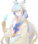  1girl alternate_costume arknights bag bikini blonde_hair blue_eyes blue_hair closed_mouth collarbone colored_extremities commentary dragon_girl dragon_horns flat_chest food grey_hair hair_intakes highres holding holding_food holding_ice_cream horns ice_cream jewelry long_sleeves looking_at_viewer multicolored_hair necklace open_clothes open_shirt pointy_ears salmon_fish7 shirt shu_(arknights) simple_background smile solo swimsuit upper_body white_background white_bikini yellow_shirt 