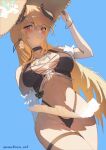  1girl absurdres adjusting_clothes adjusting_headwear alternate_costume anndorn_art arknights bikini black_bikini blonde_hair blue_background blush breasts cowboy_shot demon_horns english_commentary hat highleg highleg_bikini highres horns large_breasts long_hair looking_at_viewer meteorite_(arknights) meteorite_(summer_flowers)_(arknights) orange_eyes parted_lips solo swimsuit teeth thigh_strap thighs twitter_username 