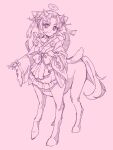  1girl bow centauroid clantail commentary_request dress flower flower_ornament frilled_dress frilled_sleeves frills hair_flower hair_ornament highres horns japanese_clothes lolita_fashion magical_girl mahou_shoujo_ikusei_keikaku mahou_shoujo_ikusei_keikaku_restart monster_girl pink_background short_hair tassel taur wa_lolita yomo_gigyoza 