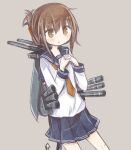  1girl amakaze_sora anchor blue_sailor_collar blue_skirt blush brown_eyes brown_hair brown_necktie closed_mouth grey_background inazuma_(kancolle) kantai_collection long_sleeves looking_at_viewer necktie own_hands_together pleated_skirt sailor_collar shirt simple_background skirt solo wavy_mouth white_shirt 