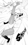  1girl absurdres armpits asymmetrical_gloves bikini blush breasts cameltoe commentary_request gloves greyscale highres kicking korean_commentary looking_at_viewer medium_hair menchi_(radon86_nya) micro_bikini monochrome motion_lines navel open_mouth original radon86_nya single_glove small_breasts solo stirrup_legwear sweat swimsuit thighhighs toeless_legwear toes 
