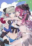  2girls :o ;o akatsuki_hijiri baobhan_sith_(fate) bikini black_bikini black_bow blue_bikini blue_eyes blue_sky bow breasts cloud comiket_108 commentary_request double_bikini fate/grand_order fate_(series) flower grey_hair hair_bow hair_flower hair_ornament heart highres hug large_breasts long_hair looking_at_viewer morgan_le_fay_(fate) multiple_girls navel one_eye_closed pink_hair pointy_ears purple_eyes scrunchie sky stomach swimsuit very_long_hair white_bikini wrist_scrunchie 