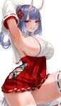  1girl absurdres arm_up armpits bad_id bad_pixiv_id black_hairband black_ribbon blue_hair breasts copyright_request detached_sleeves fang grin hair_ornament hairband hakama hakama_skirt highres horns japanese_clothes kimono long_hair looking_at_viewer m.k_(mr.k) multicolored_hair panties pantyshot presenting_own_armpit red_eyes red_skirt ribbon ribbon-trimmed_sleeves ribbon_trim sideboob simple_background skin-covered_horns skin_fang skirt smile solo streaked_hair sweat thick_eyebrows thighhighs underwear white_background white_hair white_kimono white_panties white_thighhighs 