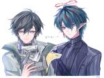  arknights arknights:_endfield bbing black_hair blue_eyes blue_hair camille_(arknights) commentary_request endministrator_(arknights) eye_mask halo head_tilt highres holding holding_mask looking_at_viewer male_endministrator_(arknights) male_focus mask parted_lips pointy_ears red_halo smile teeth turtleneck white_background 