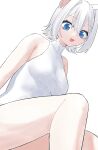  1girl absurdres animal_ears bodysuit breasts cat_ears cat_girl fang feet_out_of_frame highres looking_at_viewer maimai_(game) medium_breasts milk_(maimai) open_mouth short_hair simple_background sitting sleeveless sleeveless_bodysuit smile solo tt_(mmk_lr) white_background white_bodysuit white_hair 