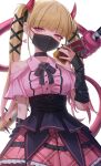 1girl absurdres bare_shoulders black_choker black_mask black_ribbon blonde_hair card chernobog_(monster_strike) choker commentary_request corset demon_horns dokon eyelashes hair_ornament hair_ribbon highres holding holding_card horns jirai_kei mask monster_strike mouth_mask pink_eyes pink_shirt pink_skirt ribbon shirt skirt solo standing tail twintails white_background 