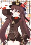  1girl ;) arm_up black_hat black_shorts brown_hair brown_jacket closed_mouth commentary_request cowboy_shot flower flower-shaped_pupils genshin_impact hair_between_eyes hat highres hu_tao_(genshin_impact) jacket long_hair mitya one_eye_closed plaid_background red_eyes red_flower red_shirt shirt shorts smile solo symbol-shaped_pupils twitter_username v v_over_eye very_long_hair watermark 