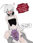  1boy 1girl absurdres ahoge anger_vein asphyxiation between_legs between_thighs black_eyes black_panties blush breasts cleavage colored_skin commentary_request crop_top english_text grey_hair highres korean_commentary menchi_(radon86_nya) navel open_mouth original panties radon86_nya short_hair simple_background small_breasts speech_bubble sweat symbol-shaped_pupils tongue trembling underwear white_background white_hair 