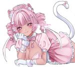  1girl aegyo_sal animal_ear_fluff animal_ear_piercing animal_ears bandaged_arm bandages blunt_bangs blush bow bowtie breasts cat_ears cat_girl cat_tail cleavage closed_mouth commentary_request commission cowboy_shot crescent crescent_hair_ornament cropped dark-skinned_female dark_skin demon_wings dress drill_hair eyelashes fang gloves gyaru hair_bow hair_ornament hand_on_own_cheek hand_on_own_face hat heart heart-shaped_pupils heart_hair_ornament highres indie_virtual_youtuber large_breasts lewnabun light_smile looking_at_viewer lying medium_hair mole mole_on_breast mole_under_eye nurse nurse_cap on_stomach oysi_mysi pill_hair_ornament pink_bow pink_bowtie pink_dress pink_eyes pink_hair pink_hat pink_wings polka_dot puffy_short_sleeves puffy_sleeves short_sleeves sidelocks simple_background skeb_commission skin_fang solo symbol-shaped_pupils tail tail_bow tail_ornament tail_raised twin_drills virtual_youtuber white_background white_gloves white_tail wings 