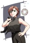  1girl absurdres belt black_belt black_pants black_sweater bracelet brown_hair closed_mouth commentary_request curtained_hair earrings eyelashes fingernails green_eyes grey_background hair_between_eyes hand_on_own_hip highres holding holding_unworn_clothes idolmaster idolmaster_cinderella_girls jewelry kiba_manami lips masaki_comic necklace pants ribbed_sweater screenshot_inset short_hair simple_background sleeveless sleeveless_sweater smile solo sweater very_short_hair 