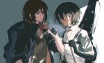  1boy 1girl black_choker black_gloves black_hair black_jacket black_shirt brown_hair chest_harness choker cigarette commentary eren_yeager gloves grey_eyes guitar_case hair_between_eyes harness highres holding holding_cigarette instrument_case jacket jewelry liu_ruo mikasa_ackerman multiple_necklaces necklace official_alternate_costume shingeki_no_kyojin shirt short_hair smoking untranslatable_commentary upper_body white_shirt 