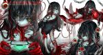  1girl absurdres barefoot black_gloves black_hair black_nails black_sclera black_shirt blood blood_bag blood_on_clothes blood_on_face colored_extremities colored_sclera colored_skin controller drinking drinking_blood eyeball feet fingerless_gloves freckles game_controller gloves green_eyes grey_skin hair_between_eyes highres horror_(theme) indie_virtual_youtuber killaira layna_lazar long_hair long_tongue looking_at_viewer multiple_views pointy_ears red_hands shirt standing syringe tongue tube virtual_youtuber white_background 