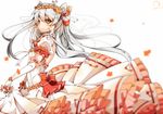  alternate_costume amatsukaze_(kantai_collection) bad_id bad_pixiv_id blurry blush brown_eyes dango_remi depth_of_field dress earrings elbow_gloves flower frilled_dress frills gloves hair_flower hair_ornament hair_tubes heart heart_earrings jewelry kantai_collection long_hair puffy_sleeves ribbon silver_hair simple_background skirt_hold smile solo white_background 