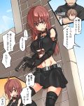  1girl 2boys ahoge belt black_legwear black_skirt black_vest breasts child clenched_teeth closed_mouth comic eyebrows_visible_through_hair eyelashes gun hair_between_eyes knife large_breasts long_hair multiple_boys navel oteruko_(wanabeee) red_background red_eyes red_hair shadow short_hair skirt speech_bubble sweatdrop tagme teeth underboob vest weapon window 