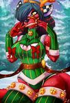  2014 amber_eyes anthro antlers bell breasts christmas clothed clothing ear_piercing female fur holidays horn legwear mammal piercing red_fur ribbons skunk snow spirale stockings tree 