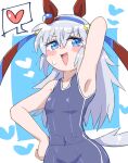 1girl absurdres animal_ears arm_behind_head arm_up armpit_focus armpits blue_eyes blush commentary_request cowboy_shot from_side grey_hair hand_on_own_hip heart highres horse_ears horse_girl horse_tail karugami_chan long_hair looking_at_viewer one-piece_swimsuit open_mouth presenting_own_armpit solo speech_bubble spoken_heart sweat swimsuit tail tamamo_cross_(umamusume) umamusume 