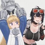  2girls ahoge arms_up asymmetrical_gloves bare_shoulders black_gloves black_hair black_sports_bra blonde_hair blue_jacket breasts choker crop_top gloves goggles goggles_on_head grace_howard grey_background grey_hat hair_between_eyes hat heart heart-shaped_pupils highres holding holding_unworn_clothes jacket large_breasts large_hat long_hair looking_at_another mismatched_gloves multiple_girls navel norma_hollowell open_mouth orange_eyes purple_eyes shako_cap simple_background smile sports_bra symbol-shaped_pupils tama_(tamathersky) teeth unworn_headwear white_gloves zenless_zone_zero 