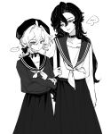  ... 2girls bag beret blue_eyes bow chinese_commentary choker commentary_request cowboy_shot crossed_arms curtained_hair edgar_valden frown genderswap genderswap_(mtf) greyscale hair_between_eyes hair_bow hair_intakes hat heterochromia highres holding holding_bag identity_v juewang_de_tong_ren_nu long_bangs long_hair long_skirt long_sleeves medium_hair monochrome multiple_girls neckerchief parted_lips ponytail richard_sterling ringlets school_uniform serafuku shoulder_bag sidelocks simple_background skirt smile speech_bubble spoken_ellipsis spot_color standing white_background yellow_eyes 