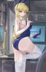  1girl absurdres animal_ears artist_name ass bare_shoulders blonde_hair blue_archive blue_eyes blue_halo blue_leotard blue_shoes bookshelf braid breasts commentary english_commentary fake_animal_ears feet foot_out_of_frame halo high_heels highres holding holding_shoes holding_unworn_clothes index_finger_raised indoors large_breasts leg_up leotard long_hair looking_at_viewer looking_back monitor no_shoes playboy_bunny rabbit_ears shoes sideboob soles solo standing standing_on_one_leg strapless strapless_leotard thighhighs thighs toki_(blue_archive) toki_(bunny)_(blue_archive) unworn_shoes white_thighhighs wrist_cuffs yukiale 