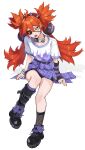  1girl ahoge arm_warmers black_boots boots bracelet clothes_around_waist collarbone eyepatch hair_ornament hairband highres jacket jacket_around_waist jewelry koleda_belobog kurokoi_art long_hair looking_at_viewer metal_choker pink_nails red_eyes red_hair sharp_teeth shirt shorts silver_choker single_arm_warmer single_leg_warmer sitting spiked_bracelet spiked_hairband spikes sweat teeth thighs twintails two_side_up white_shirt zenless_zone_zero 