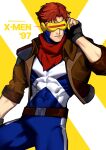  1boy blue_bodysuit bodysuit brown_hair commentary cyclops_(x-men) gloves head-mounted_display highres male_focus marvel multicolored_bodysuit muscular muscular_male short_hair silvercandy_gum solo superhero_costume two-tone_bodysuit x-men x-men:_the_animated_series x-uniform 