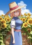  1girl alice_margatroid blonde_hair blue_dress blue_eyes blue_sky breasts capelet closed_mouth cloud commentary_request day dress expressionless field flower flower_field highres kiyo_(kiyo_mariari) looking_at_viewer medium_breasts medium_hair outdoors puffy_short_sleeves puffy_sleeves red_sash sash shadow short_sleeves sky solo sunflower sunflower_field touhou waist_sash white_capelet yellow_flower 
