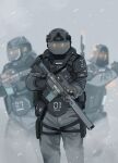  3boys absurdres armor assault_rifle black_gloves bulletproof_vest combat_helmet commentary cowboy_shot fog gloves grey_background grey_pants gun helmet highres holding holding_weapon holster hood male_focus mask military military_combat_uniform military_uniform multiple_boys original pants parabellum rifle science_fiction solo_focus thigh_holster untranslatable_commentary weapon 