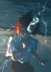  1girl absurdres blue_eyes bottle brown_skirt bubble commentary_request day evil_smile falling floating_hair hand_on_own_chin highres lips looking_at_viewer maritime_port medium_hair midair neg_(101neg) ocean original outdoors red_hair scenery school_uniform shirt short_sleeves sidelighting skirt smile solo spilling sunset upside-down water water_bottle white_shirt 