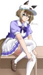  1girl absurdres animal_ears blue_eyes bow bowtie breasts brown_hair brown_shoes cheval_grand_(umamusume) closed_mouth commentary ear_covers ears_through_headwear hair_between_eyes hat hat_belt highres horse_ears horse_girl horse_tail looking_at_viewer medium_breasts multicolored_hair obosounds pleated_skirt puffy_short_sleeves puffy_sleeves purple_bow purple_bowtie purple_shirt sailor_collar sailor_shirt school_uniform shirt shoes short_sleeves sitting skirt solo streaked_hair summer_uniform tail thighhighs tracen_school_uniform umamusume white_hair white_hat white_sailor_collar white_skirt white_thighhighs 