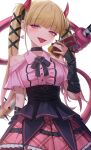  1girl absurdres bare_shoulders black_choker black_mask black_ribbon blonde_hair card chernobog_(monster_strike) choker commentary_request corset demon_horns dokon eyelashes hair_ornament hair_ribbon highres holding holding_card horns jirai_kei mask monster_strike pink_eyes pink_shirt pink_skirt ribbon sharp_teeth shirt skirt solo standing tail teeth twintails white_background 