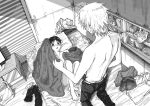  2boys adultgamshounen bedroom belt blush bookshelf commentary_request completely_nude embarrassed full_body greyscale highres ikari_shinji indoors kneeling korean_commentary looking_at_another male_focus monochrome multiple_boys nagisa_kaworu neon_genesis_evangelion nude on_bed open_belt open_mouth pants shirt short_hair toes toilet_paper topless_male unworn_shirt used_tissue yaoi 