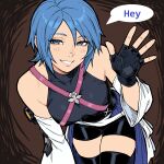  1girl all_fours aqua_(kingdom_hearts) black_gloves black_shirt black_shorts black_thighhighs blue_eyes blue_hair commentary detached_sleeves english_commentary english_text fingerless_gloves gloves highres kingdom_hearts long_sleeves looking_at_viewer purple_hair shirt short_hair shorts smile solo speech_bubble takuu_(seadog6662) talking teeth thighhighs waving 