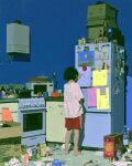  1boy absurdres back black_hair bottle bowl box child coca-cola commentary dirty doodled_object english_commentary feet glass highres kettle messy_hair muovata original oven pants red_pants refrigerator shirt shorts standing striped_clothes striped_pants white_shirt 