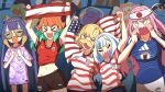  >_< 2026_fifa_world_cup 5girls :d ^_^ absurdres alternate_costume american_flag american_flag_print american_flag_shirt aqua_hair arm_around_shoulder arms_up austrian_flag austrian_national_soccer_team_uniform blonde_hair blue_hair blush_stickers buruhas casual clapping closed_eyes commentary cookie deadbeat_(mori_calliope) earrings eating ebi-chan_(gawr_gura) english_commentary facial_hair fins fish_tail flag_print food gawr_gura hachimaki headband highres hololive hololive_english holomyth investigator_(watson_amelia) japanese_national_soccer_team_uniform jewelry kfp_employee_(takanashi_kiara) long_hair medium_hair mori_calliope multicolored_hair multiple_girls mustache navel ninomae_ina'nis open_mouth orange_hair pink_hair print_shirt purple_hair shark_tail sharp_teeth shirt short_shorts shorts shutter_shades smile soccer_uniform sportswear stitches streaked_hair sunglasses tail takanashi_kiara takodachi_(ninomae_ina'nis) teeth tentacle_hair united_states_men's_national_soccer_team_uniform virtual_youtuber watson_amelia white_hair world_cup xd 