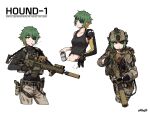  1girl absurdres ammunition_pouch bangdog battle_rifle beer_can belt black_gloves black_shirt black_tank_top breasts bulletproof_vest camouflage camouflage_jacket camouflage_pants can cigarette closed_mouth collarbone combat_helmet commentary_request drink drink_can eyepatch foregrip gloves glowing glowing_eyes green_hair gun handgun helmet highres holding holding_cigarette holding_drink holster jacket korean_commentary laser_sight looking_to_the_side medium_breasts military military_combat_uniform military_uniform multiple_views one_eye_covered open_mouth optical_sight original pants pouch prosthesis prosthetic_arm prosthetic_hand rifle shirt sig_mcx sig_sauer sig_sauer_p320 sight_magnifier simple_background smoking suppressor tank_top upper_body vertical_foregrip weapon white_background yellow_eyes 