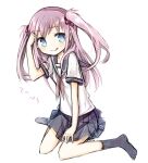  1girl :q amakaze_sora arm_up black_sailor_collar black_skirt black_socks blue_eyes blush brown_neckerchief closed_mouth full_body hair_bobbles hair_ornament long_hair neckerchief no_shoes original pink_hair pleated_skirt sailor_collar school_uniform serafuku shirt short_sleeves simple_background sitting skirt smile socks solo tongue tongue_out translation_request two_side_up wariza white_background white_shirt 