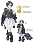  1girl :< adidas backpack bag bangoul black_bag black_boots black_jacket black_shorts blush boots breasts brown_eyes brown_hair cellphone closed_eyes closed_mouth collarbone collared_jacket commentary_request crossed_legs cup curtained_hair disposable_cup drinking_straw ear_piercing earrings frappuccino full_body glasses grey_shirt hand_up head_tilt heart_piercing highres holding holding_phone holding_strap holding_unworn_clothes holding_unworn_jacket jacket jacket_on_arm jewelry korean_commentary korean_text long_sleeves looking_at_viewer multiple_views necklace open_clothes open_jacket open_mouth original parted_bangs partially_unbuttoned phone piercing ribbed_shirt rolling_suitcase shirt short_hair shorts sideways_glance simple_background skirt sleepy sleeves_past_wrists small_breasts smartphone squeans standing suitcase translation_request unworn_jacket watson_cross white_background white_shirt white_skirt white_trim yawning 