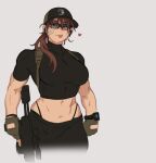  1girl assault_rifle bandaid bandaid_on_cheek bandaid_on_face baseball_cap breasts brown_eyes brown_hair cowboy_shot fingerless_gloves gloves grey_background gun halo_(series) hat heart highres holding holding_gun holding_weapon looking_at_viewer muscular muscular_female navel panties ponytail rifle ruben_menzel safety_glasses simple_background solo tongue tongue_out underwear weapon 