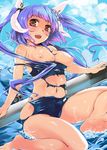  bangs barefoot blunt_bangs breasts hair_ribbon i-19_(kantai_collection) kantai_collection medium_breasts navel nipples purple_hair ribbon school_swimsuit sitting_on_water solo strap_slip swimsuit torn_clothes torn_swimsuit twintails water yuu_(kfc) 