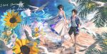  1boy 1girl bare_shoulders beach bird black_hair black_shorts blue_flower blue_ribbon blue_shirt bracelet breasts brown_hair character_name commentary_request dress dress_ribbon eren_yeager flower full_body hair_between_eyes hair_flower hair_ornament hawaiian_shirt hetero highres holding_hands jewelry leaf_print liu_ruo long_dress looking_at_another medium_breasts mikasa_ackerman necklace ocean official_alternate_costume palm_tree parted_lips ribbon sand sandals seagull seashell shell shingeki_no_kyojin shirt short_hair shorts sleeveless sleeveless_dress smile standing sundress sunflower tree white_dress white_sandals white_shirt yellow_flower 