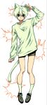  1boy :o ahoge arm_up black_eyes black_shoes black_shorts blush cat_boy full_body hair_between_eyes highres legs long_sleeves male_focus mole mole_under_eye open_mouth original rnk_77wvv shirt shoes shorts simple_background sleeves_past_wrists socks thighs white_background white_hair white_shirt white_socks 