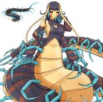  1girl antennae aqua_skin aqua_streaks arm_up arthropod_girl black_hair black_shirt black_skin black_skirt black_sleeves breasts bug centipede centipede_girl cleavage_cutout clothing_cutout colored_skin commentary_request creature_and_personification detached_sleeves exdeath00 full_body halterneck hand_on_own_cheek hand_on_own_face highres large_breasts light_smile looking_at_viewer medium_breasts multicolored_hair navel original partial_humanization personification red_eyes red_shirt red_skin red_sleeves reference_inset shirt sideboob skirt stomach streaked_hair taur two-tone_shirt two-tone_sleeves yellow_skin 